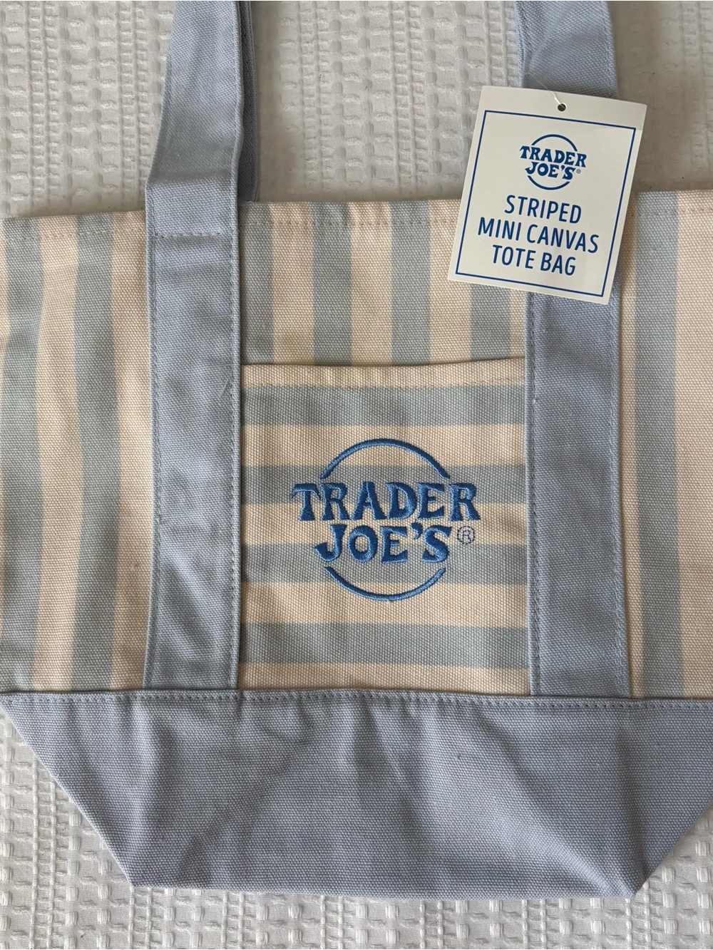 Trader Joe's Light Blue Striped Mini Canvas Tote Bag - Picture 4 of 4